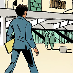 Cartoon image of man walking into the Parliament to give evidence 