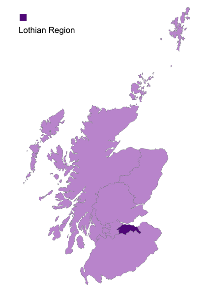 A graphic map of Scotland, highlighting the parliamentary region of Lothian