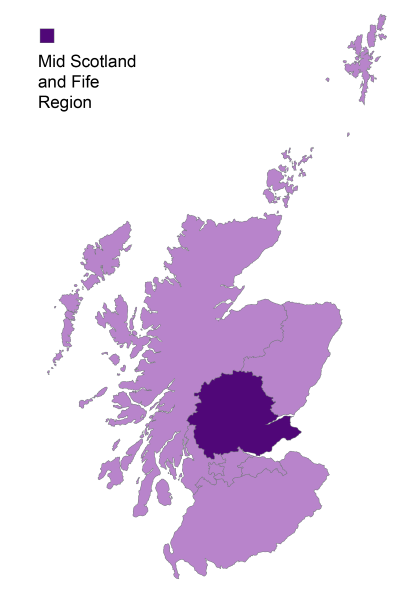 A graphic map of Scotland, highlighting the parliamentary region Mid Scotland and Fife
