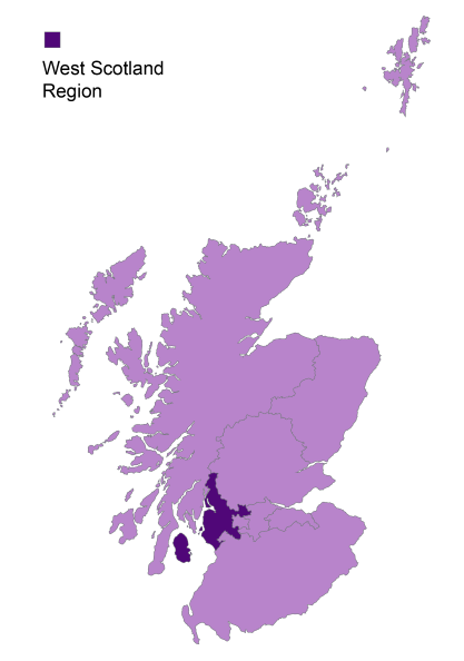 A graphic map of Scotland, highlighting the parliamentary region West Scotland