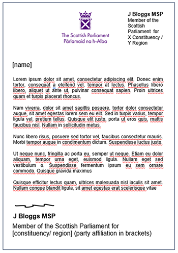 Example of a Member’s parliamentary-funded communication with corporate identity centred and MSP's name and area of representation set to the right