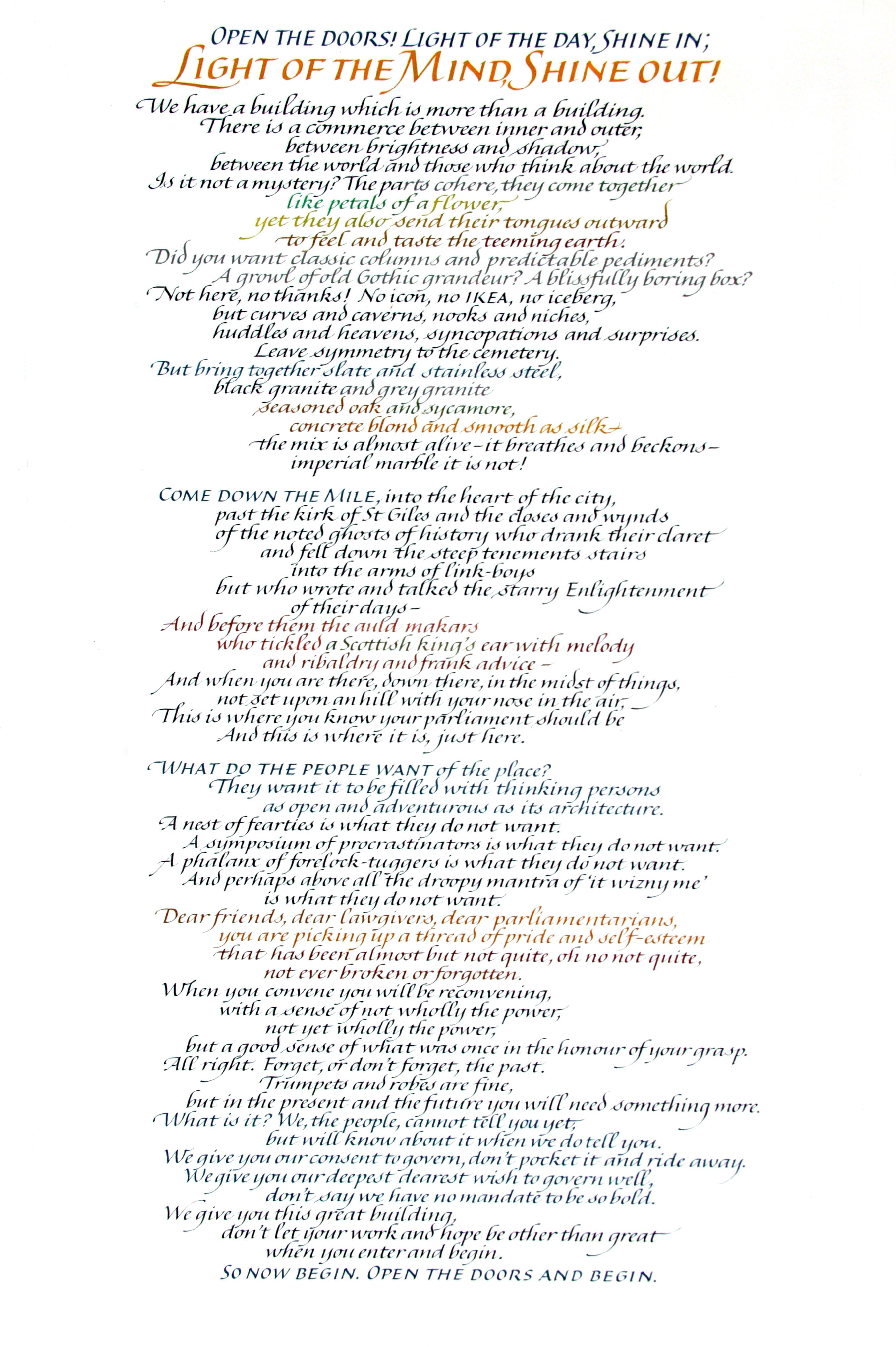 Poem presented in calligraphy handwriting in different coloured inks.