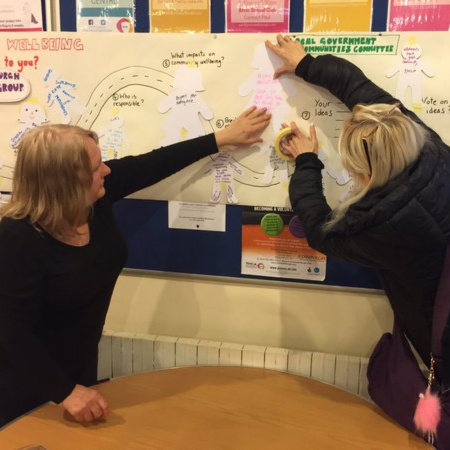 two people adding notes to a whiteboard