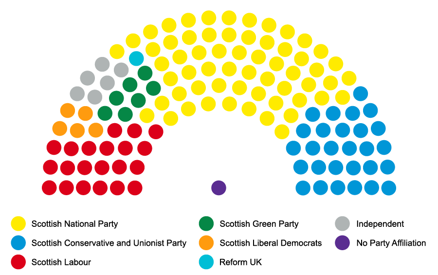 A colourful info graph displaying the number of MSPs in each political party.