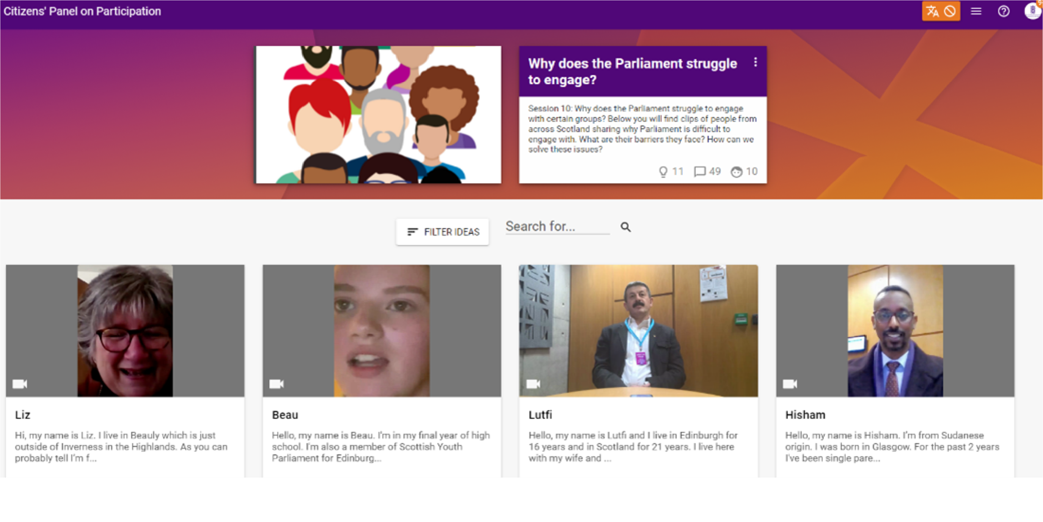 A screenshot of a website with links to videos with people from diverse backgrounds tell their stories about barriers to engaging with Parliament. Text on website reads: Session 10: Why does the Parliament struggle to engage with certain groups? Below you will find clips of people from across Scotland sharing why Parliament is difficult to engage with. What are their barriers they face? How can we solve these issues?