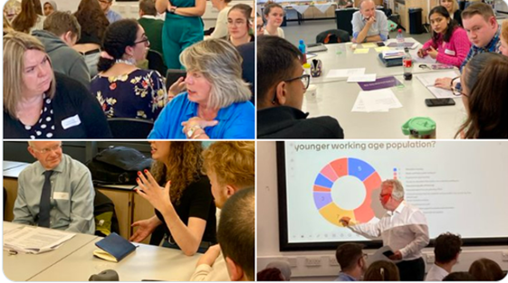 A mosaic of 4 photos showing the Committee meeting with young people, business and public sector organisations at the University of Dundee